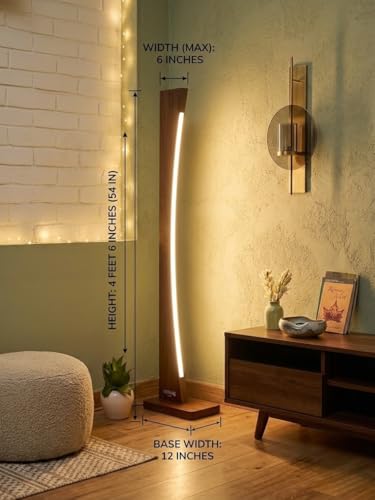 Image of ESITRAQ Wooden LED Floor Lamp, Walnut Finish, Slim Design, Energy Saving, 4 Feet 6 Inches Height