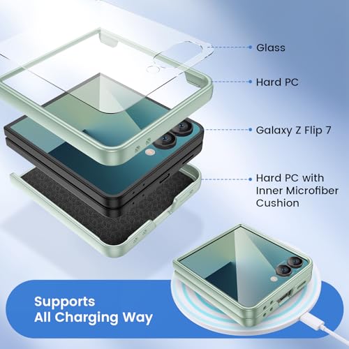 Image of Ruky for Galaxy Z Flip 7 Case, Built-in Back Screen Protector, Hard PC Ultra Slim Anti-Scratches Shockproof Wireless Charging Phone Cover for Samsung Z Flip 7, Mint Green