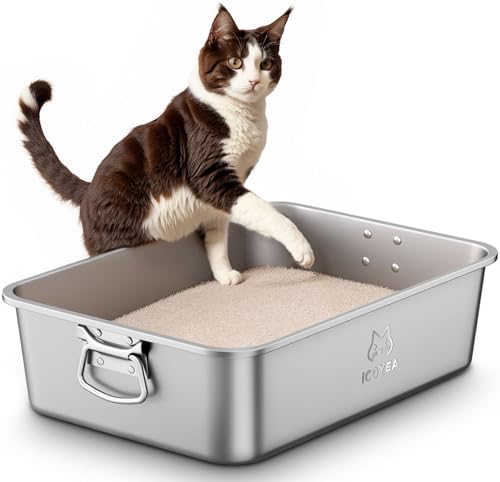 Lettiera Acciaio Inox per Gatti, con Maniglie Laterali, Lettiera Grande Aperta per Gatto Grandi, Piccoli e Conigli, Lettiere Gatto XXL per Gatti Antiaderente, Facile da Pulire, Antiodore e Spaziosa