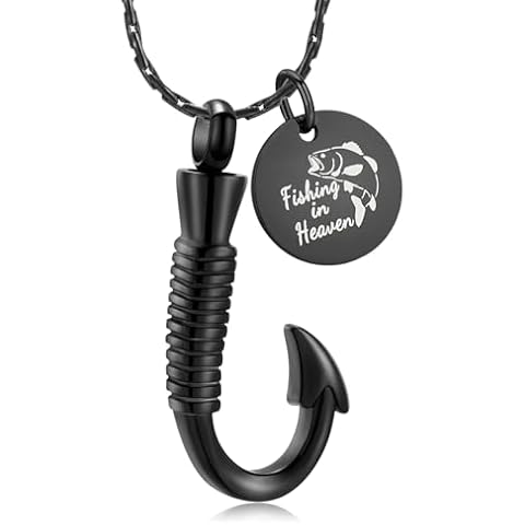 constantlife Cremation Jewelry for Ashes Urn Memorial Necklace Fish Hook Design Stainless Steel Pendant Keepsake Ashes Holder (Fishing-Black) Cover