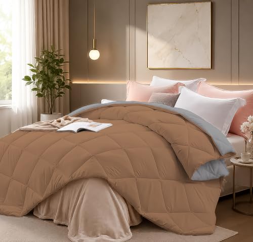 Image of Super Comfort Microfiber 300 GSM Reversible Winter Comforter for Double Bed Rajai /Blanket Diamond Stitch (90 inch x 100 inch Inches /228cm x 254cm) - Comforter Double Bed|Silver /Beige