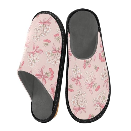 Slippers for Women Pink Flower Berry Bow Pattern Soft Winter Warm Shoes Indoor Outdoor Non-Slip House Travel Slippers