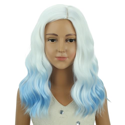 Image of PATTNIUM Girls White Ombre Blue Short Curly Wavy Wigs Side Part Shoulder Length Heat Resistant Synthetic Wig Halloween Cosplay Costume Party Wigs