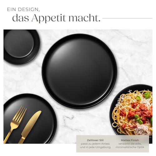 tectake® 24-tlg. Geschirrset, Tafelservice 6 Personen, Steingut Geschirr Set schwarz, Teller Set mit Schalen, Speiseteller, Frühstücksteller, tiefe Teller und Schüsseln - schwarz