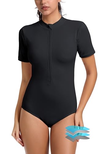 Beautikini Period Swimwear One Piece for Teens Short Sleeve Swimsuits Women UPF50+ Menstrual Leakproof Bathing Suit