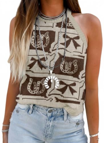 Image of MARZXIN Women Sleeveless Sweater Tank Round Neck Casual Aztec Geometric Knit Sweater Top