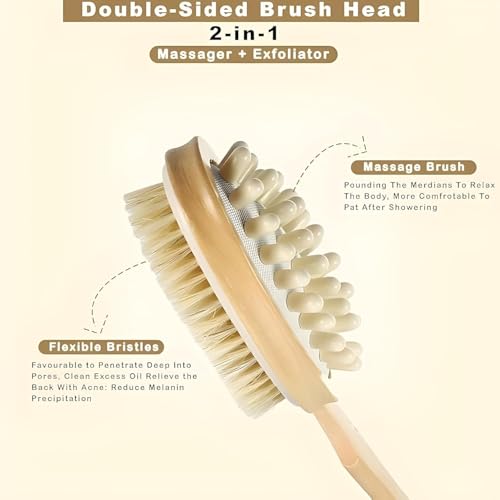 Image of KIMEE Wooden Bath Brush Combo with Long Handle Bath Brush and Handheld Round Body Brush | Natural Bristles and Massager Nodes Set for Shower Exfoliation, Cellulite Care and Dry Brushing
