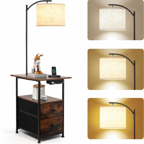 Image of PESRAE Floor Lamp with Table & 2 Drawers, End Table with Lamp | Charging Station with USB, Type-C & AC Outlet; 9W LED Bulb with 3 Color Temperatures for Bedroom, Living Room & Home Office