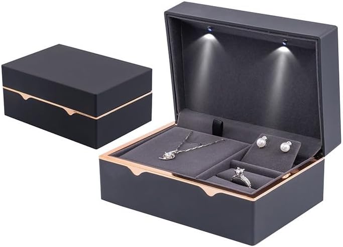 HSLFUAI LED Jewelry Box – Storage Box for Bracelets, Rings & Necklaces – Jewelry Box with Light and Velvet Lining – Elegant Gift Box for Weddings, Birthdays, Valentine's Day, Christmas (Black)