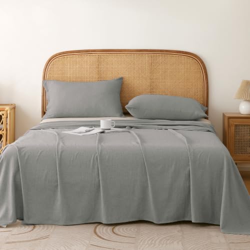 Image of Story@Home Linen King Size Bedsheet Cotton Textured Flat Sheet with 2 Pillow Covers Super Soft Bed Sheet for King Size Bed | 300 TC Solid Pattern | 250 x 270 cm | Charcoal Grey