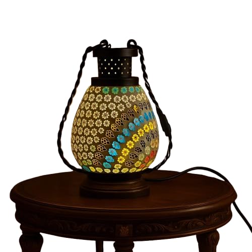 Multicolor Wooden & Iron Lantern Lamp | Decorative Hanging & Table Lamp | Electric Night Light for Home, Balcony, Living Room & Festive Decor (17 cm)
