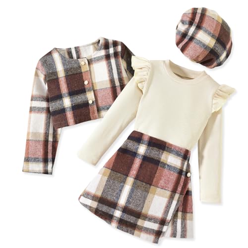 Image of HINTINA Toddler Girl 4 Pieces Outfits Ruffles Long Sleeve Tops Plaid Skirt Jacket And Hat Fall Winter Clothes Set