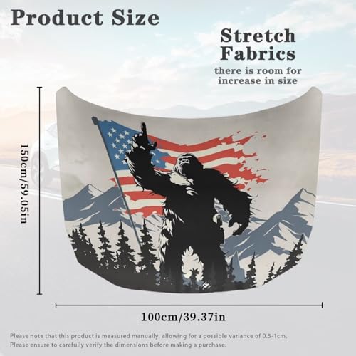 Image of US Flag Bigfoot Printed Car Hood Cover 59x39 Inch Auto Hood Wrap Blankets Stretchable Waterproof Automotive Exterior Accessories for Compact Sedans SUVs Trucks Vans