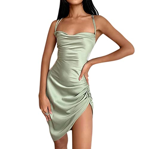 Image of JUMISEE Women Satin Ruched Lace Up Bodycon Mini Dress Sexy Backless Spaghetti Strap Party Dress for Cocktail Clubwear