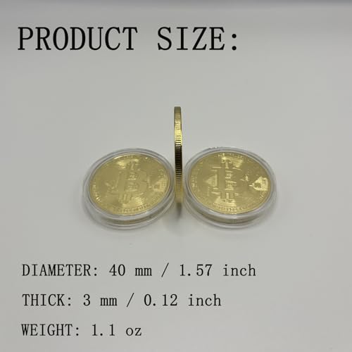 6PCS Gold Plated Bitcoin Coins - 40mm Diameter, 3mm Thickness Commemorative Physical BTC Cryptocurrency Collectible with Clear Protective Case, for Blockchain Enthusiasts