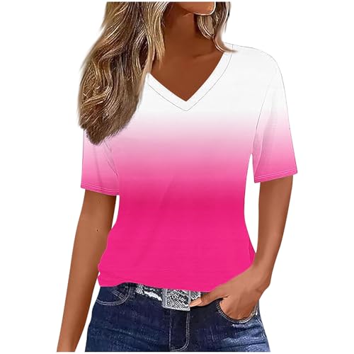 Womens Short Sleeve Neon T Shirts Summer Trendy Gradient Print V Neck Tops Casual Cute Ombre Tshirt Cute Blouses