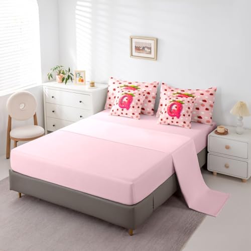 Image of Feelyou Girls Cute Strawberry Comforter Set with Sheets 7 Piece Twin Size Pink Strawberry Bedding Set for Kids Boys Girls Initial Letter Bed in a Bag Room Decor Soft Lightweight Microfiber