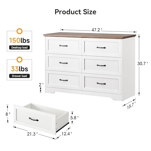GAOMON-6-Drawer-Dresser-Farmhouse-Chest-of-Drawer-with-Metal-Handles-Modern-Storage-Organizer-with-Anti-Collapse-Design-Wooden-Dresser-for-Living-Room-Bedroom-Hallway-White-and-Brown GAOMON 6 Drawer Dresser Farmhouse Chest of Drawer with Metal Handles Modern Storage Organizer with Anti Collapse Design Wooden Dresser for Living Room Bedroom Hallway White and Brown