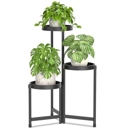 LASZOLA 3 Tiered Plant Stand Indoor Outdoor with Plastic Tray Corner Folding Tall Flower Display Rack Modern Plant Holder Shelf for Outdoor Patio Porch Garden Office Living Room Black