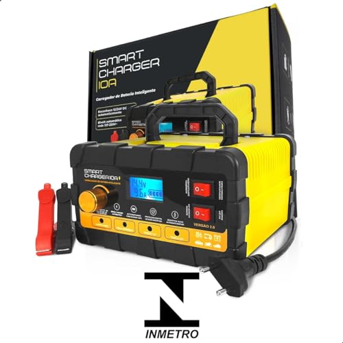 Carregador de Bateria Automotivo Smart Charger 10A Digital 12V 24V Voltímetro Amp Indicador Carga Ca