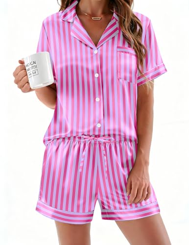 Image of Ekouaer Womens Silk Satin Pajamas Sets 2 Piece Short Sleeve Sleepwear Button Down Top and Shorts Pjs Lounge Wear Sets