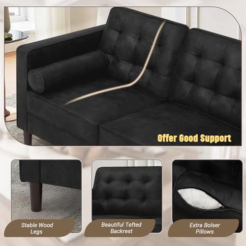 Image of Suede Leather Upholstered Sofa Set with Tufted Backrests, Black | 3 Seaters Couch and Loveseat Sofa with Bolster Pillows, 2 Pieces Living Room Set for Living Room, House