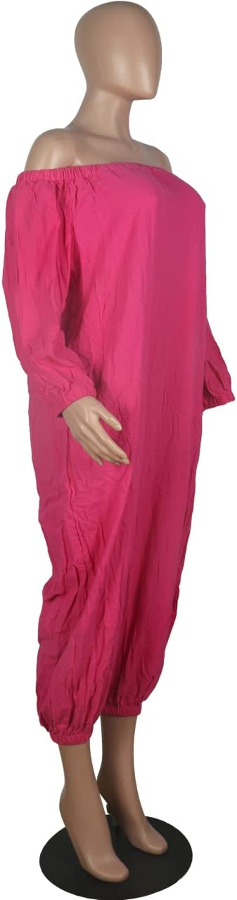 MESLIMA Women's Loose Fit Elastic Off Shoulder Beam Foot Long Sleeve Jumpsuit Rompers with Pockets Plus Size - Image 4