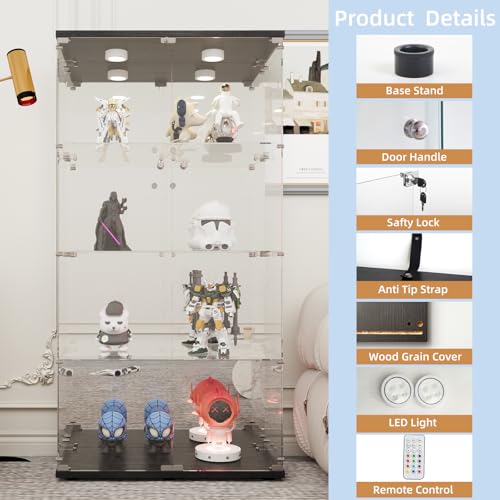 Image of Beauty4U Black Glass Display Cabinet with LED&Mirror, 4-Shelf Curio Cabinet