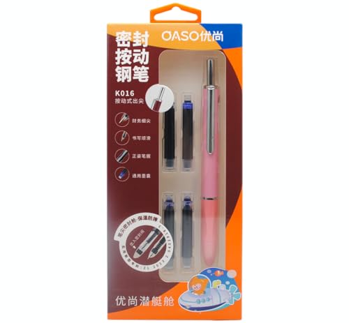 xixixiaozhu OASO K016 Retractable Fountain Pen Set 0.5mm with 4pcs Blue Ink Cartridges Smooth Writing for School Students (Coral Pink)