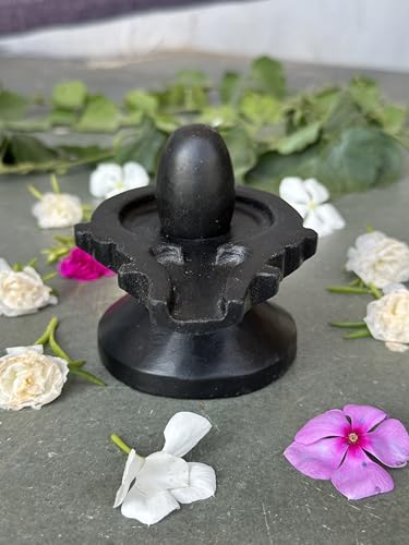 Image of Shivam VASTU AKAL 1.5 inch Original Narmadeshwar Narmada Shivling with 3 inch Narmada Stone Yoni Base Jaladhari (Black Shivling, Black Designer Damru Jaladhari)