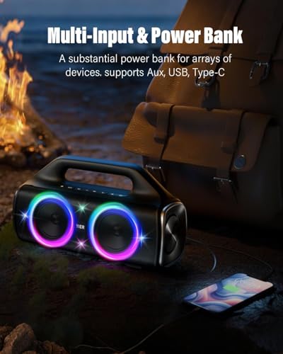 YIER Speakers, 80w (Peak) Portable Wireless Speaker with Lights, Stereo Loud Sound, IP67 Waterproof, Deep Bass Outdoor Speakers Bluetooth 5.3 Dual Pairing for Home Party Beach Camping, Gifts