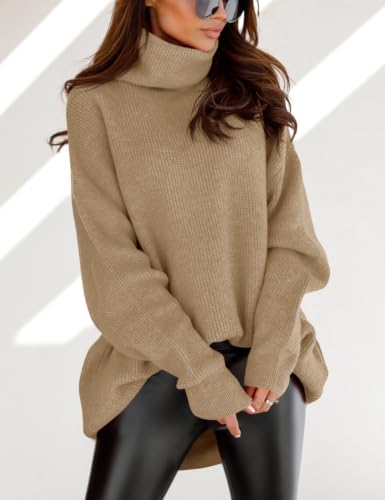 Image of Womens Turtleneck Oversized Sweater Batwing Chunky Pullover Sweater Casual Fall Loose Knit Jumper Top