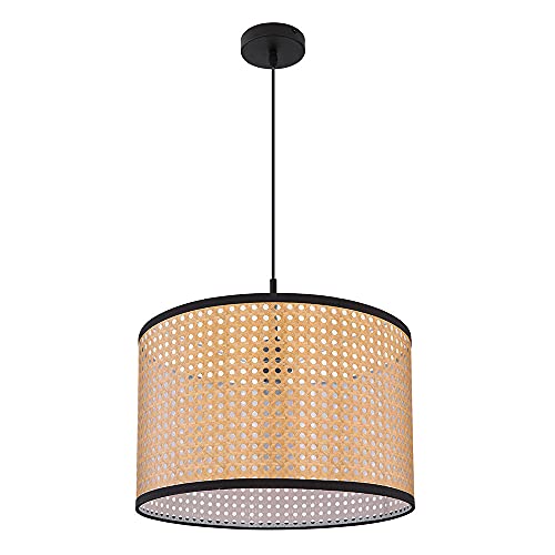 Hängelampe Pendelleuchte Deckenlampe Wohnzimmer Hängeleuchte Korbgeflecht Optik in naturfarben, Metall schwarz, 1x E27, DxH 45x140 cm