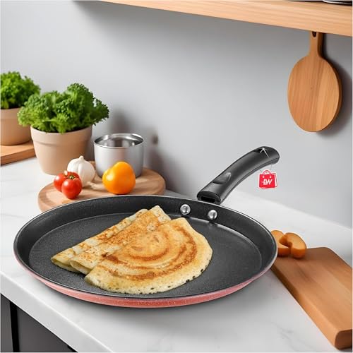 Image of LAZYwindow 5-Piece Nonstick Cookware Set | 25cm Dosa Tawa, Deep Kadhai, Fry Pan, 1.5L Sauce Pan & Tadka Pan with Maroon Base | Heavy-Duty Induction Friendly Kitchen Combo | Works on Gas & Induction