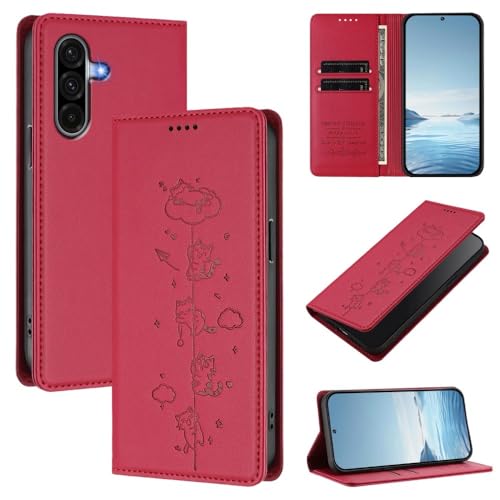 Rabat Magnétique Samsung A55 5G en Cuir Rouge Gravé d'un Motif Chat