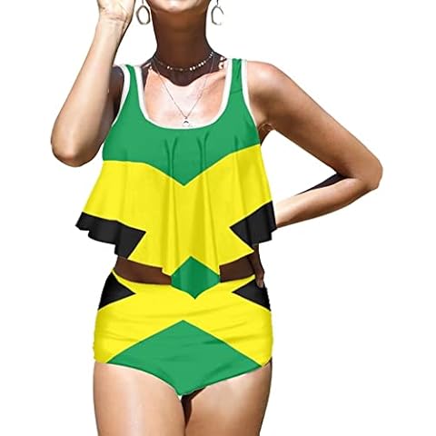Woisttop Women 2 Piece Jamaica Flag Bikini Swimsuits Casual Summer Beach Swimwear Tummy Control Ruffle Tops with Bottoms Boyshort Bathing Suits,2XL Cover
