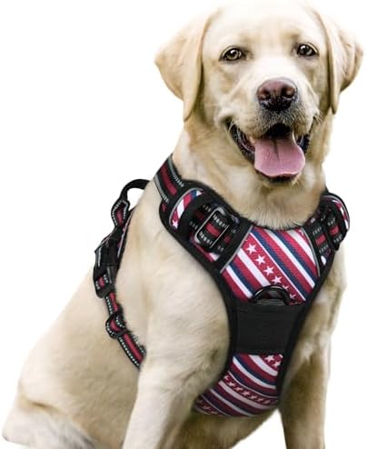 rabbitgoo Dog Harness No Pull with 2 Leash Clips, Adjustable Soft Padded, Reflective Oxford No Choke Pet Vest with Easy Control Handle for Large Dogs, Red Stripe, L