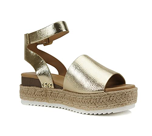Image of Soda Topic Open Toe Buckle Ankle Strap Espadrilles Flatform Wedge Casual Sandal