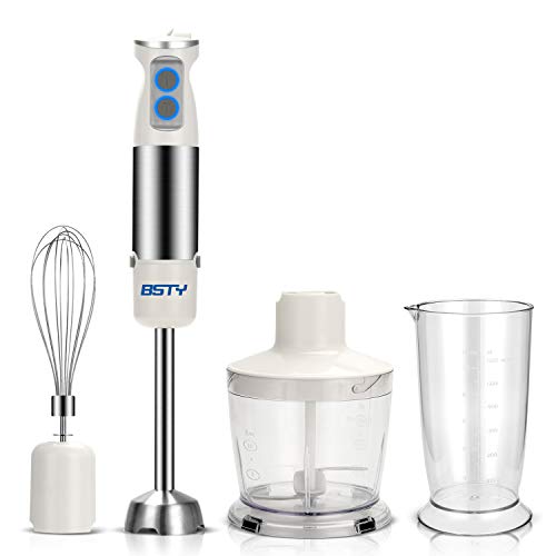 BSTY Immersion Hand Blender 4-in-1 6-Speed Stick Blender Handheld with 16oz Food Chopper and 600ml Food Grinder, Egg Whisk for Baby Food, Smoothies, Sauces and Soups - White