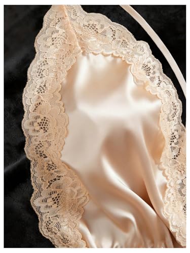 Image of SHENHE Women's Lace Trim Satin Lingerie Romper Deep V Pajama Sleepwear