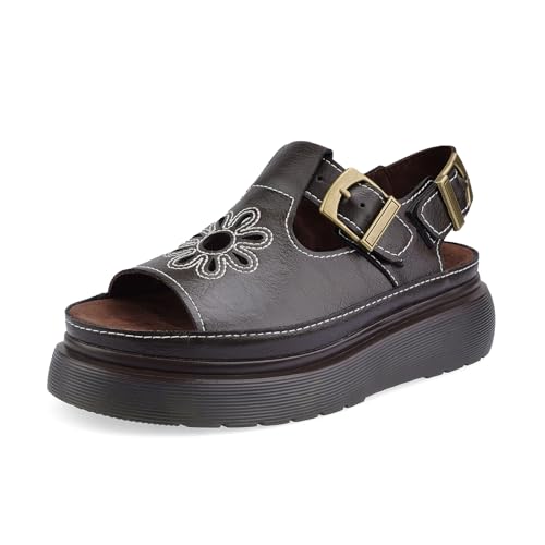 QIV Brown Flower Platform Sandals for Women – Open Round Toe T-Strap with Adjustable Buckle – Summer Comfort Walking Shoes in Fisherman Style Size 10