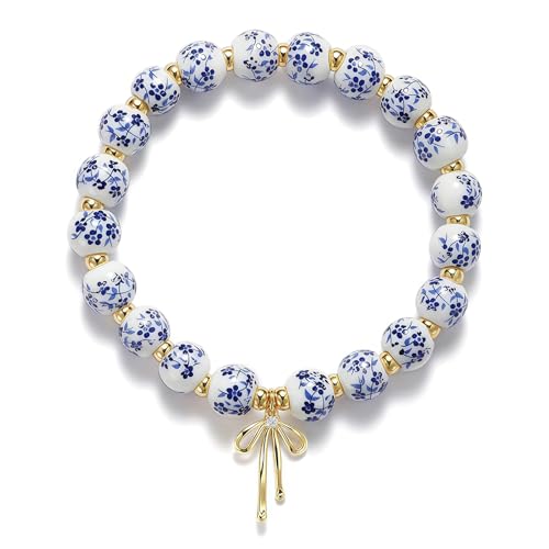 AstraGlam Bracelet Femme – Bracelet Élégant en Perles avec Porcelaine Bleu-Blanc et Pendentif Nœud – Bracelet en Or Fait Main pour Amatrices de Bijoux