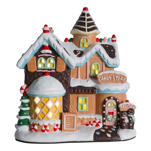 DREAM GARDEN Christmas Village House Ceramic Gingerbread House with LED Light Gingerbread Candy Store Collectible Buildings for Tabletop Decoration Xmas Mantle Home Decor