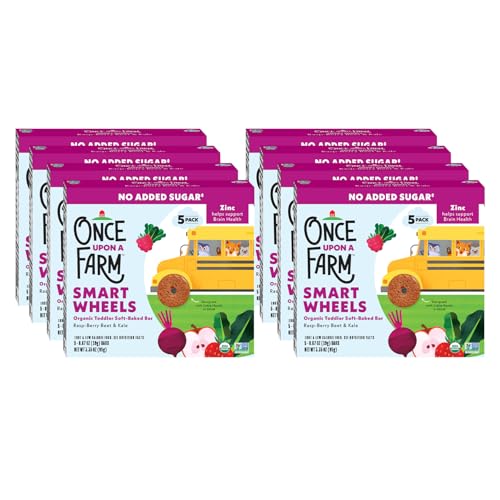 Once Upon a Farm Organic Smart Wheels - Barra para niños pequeños, frambuesa, remolacha y col rizada con zinc añadido para la salud cerebral | 8 cajas, 40 barras en total
