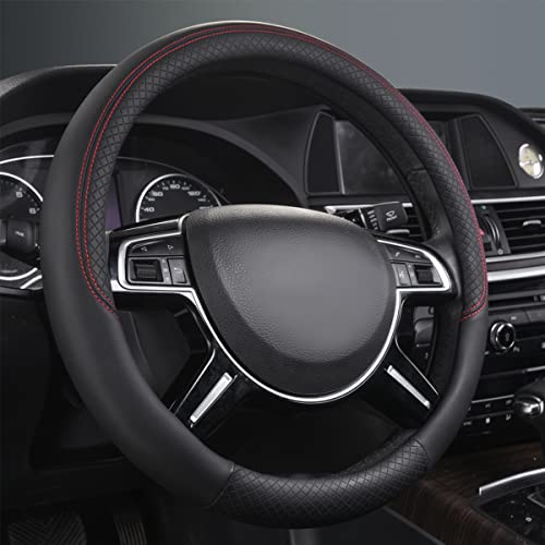 CAR PASS Rhombus Leather Universal Steering Wheel Cover, Fit for Suvs,Trucks,Cars,Sedans,Vans (Black&Red Stitch)