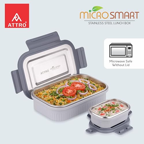 Image of ATTRO Micro Smart Stainless Steel Lunch Box with Inner Steel Body, Microwave Safe Without Lid, Airtight Leakproof with Small Container for Office, School Kids & Outdoor Use - 800ml+180ml-Grey