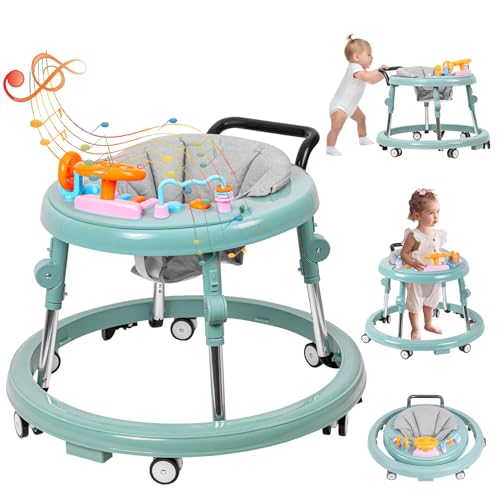 Image of ErmeiRabbit Baby Walker Foldable, Baby Walkers and Activity Center for Boys Girls Babies 6-18 Months with Feeding Tray & Music, and 5 Adjustable Heights, Baby Walker with Wheels…