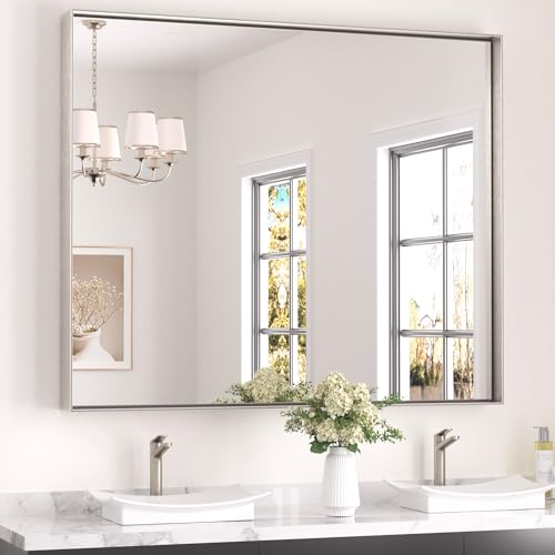 Image of Keonjinn 48x40 Inch Nickel Bathroom Mirror for Over Sink, HD Tempered Glass