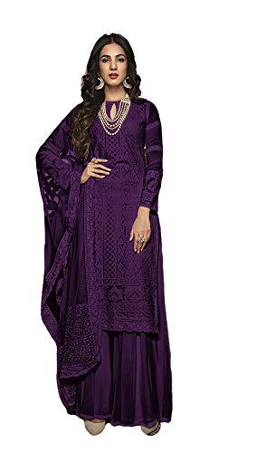 Henith Collection Ready to Wear Pakistani Party Wear Thread Embroidered Straight Salwar Kameez Salwar Suit for Women (Purple, S)