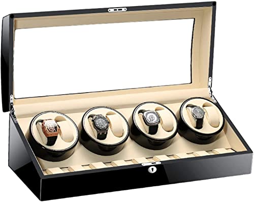 ZJFHEYUO Enrollador de Relojes Enrollador de Relojes automático Caja de Almacenamiento para exhibir Relojes Acabado de Piano Negro Tapa de Vidrio Forro de Cuero Motor silencioso E